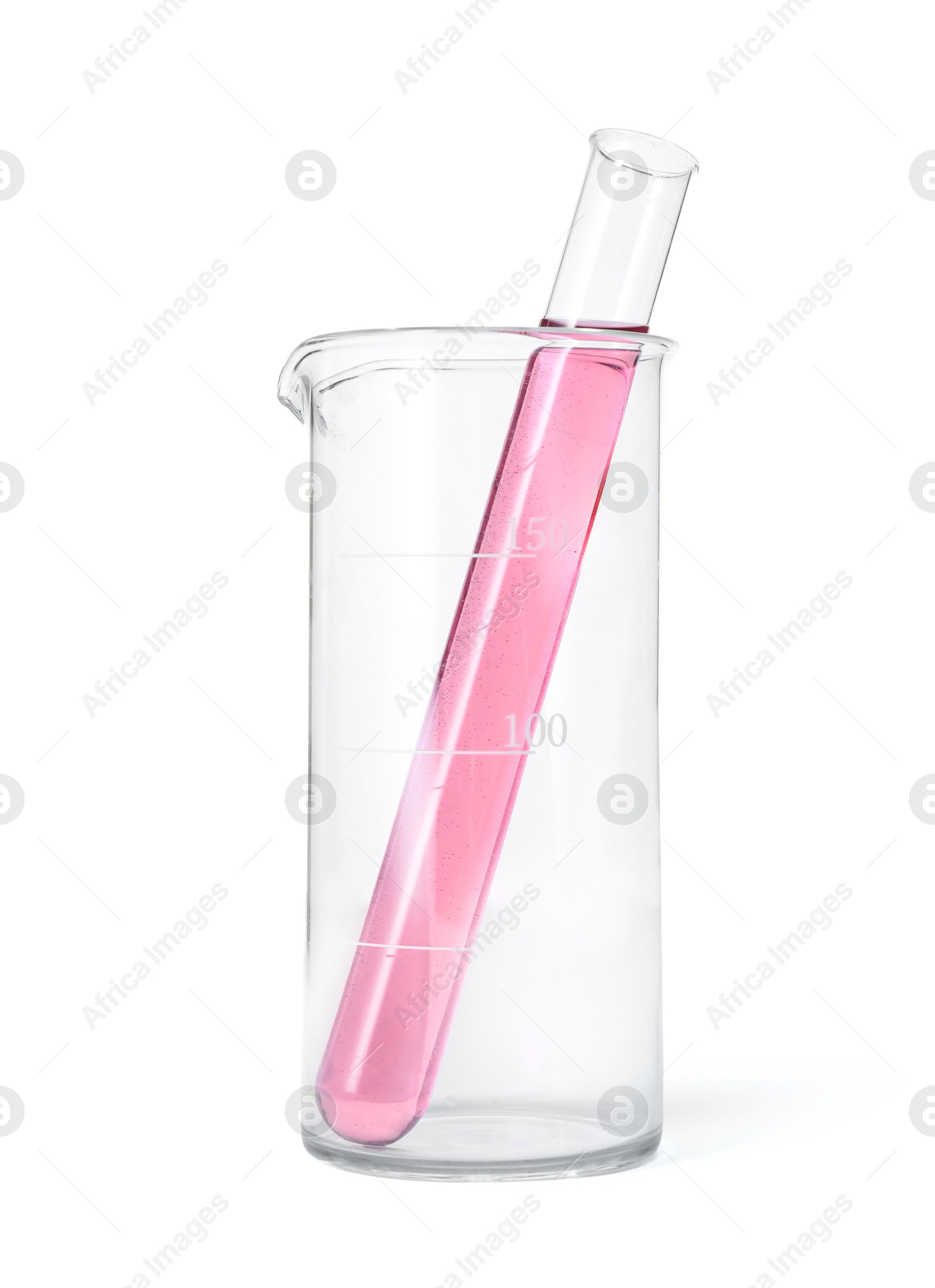 Photo of Different laboratory glassware with red liquid isolated on white