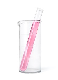 Photo of Different laboratory glassware with red liquid isolated on white