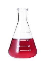 Photo of Flask with red liquid isolated on white