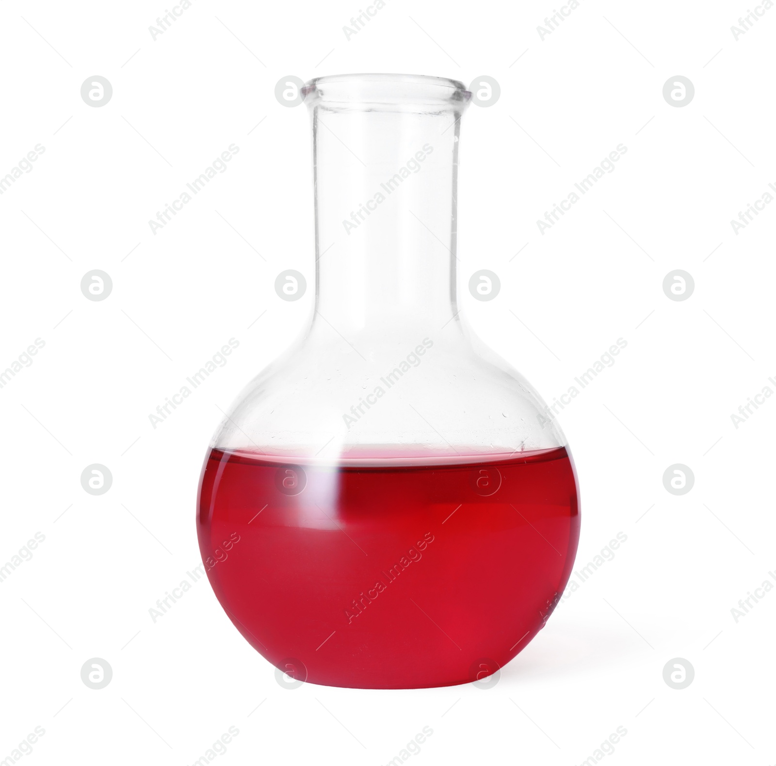 Photo of Flask with red liquid isolated on white