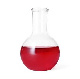 Photo of Flask with red liquid isolated on white