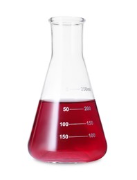 Photo of Flask with red liquid isolated on white