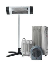 Photo of Different types of electric heaters isolated on white