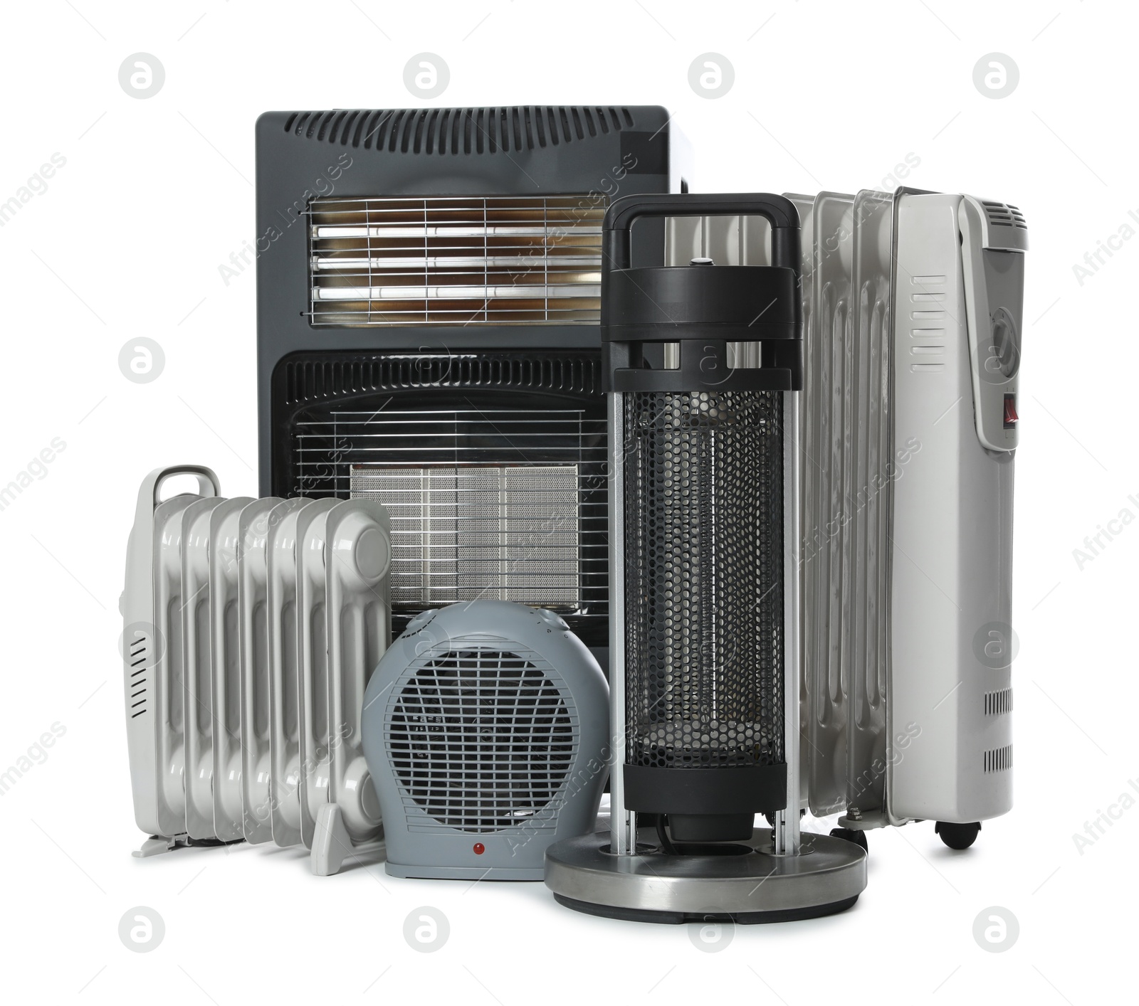 Photo of Different types of electric heaters isolated on white