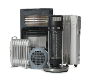 Photo of Different types of electric heaters isolated on white