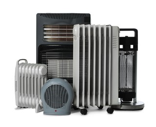 Photo of Different types of electric heaters isolated on white