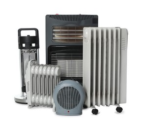 Photo of Different types of electric heaters isolated on white