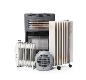 Photo of Different types of electric heaters isolated on white