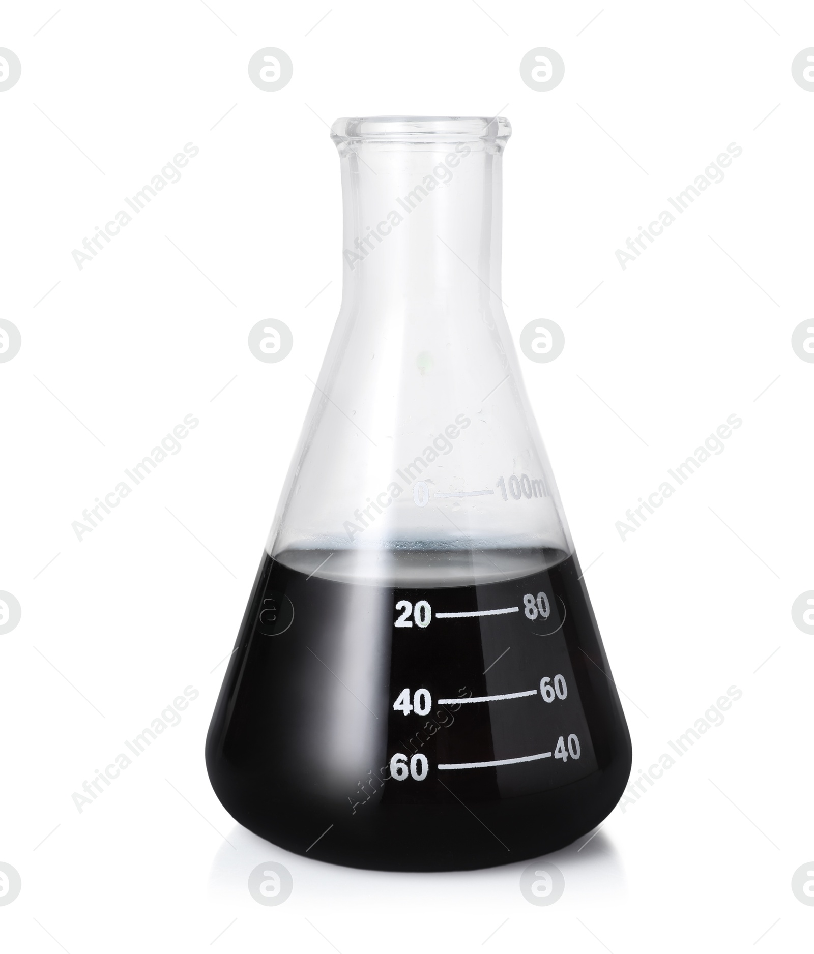Photo of Flask with black liquid isolated on white