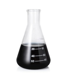 Photo of Flask with black liquid isolated on white