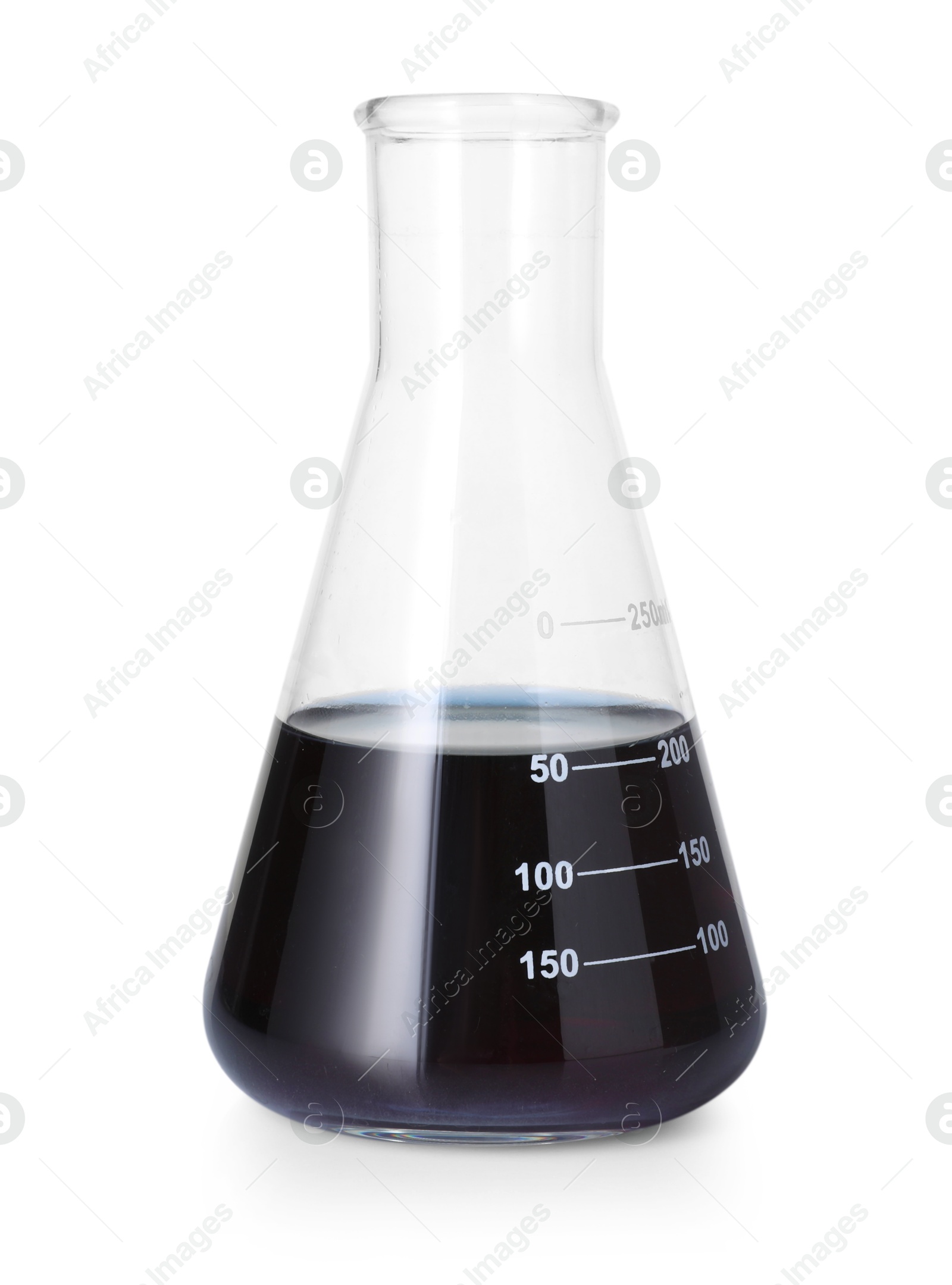 Photo of Flask with black liquid isolated on white