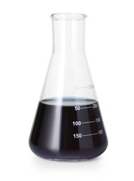 Photo of Flask with black liquid isolated on white