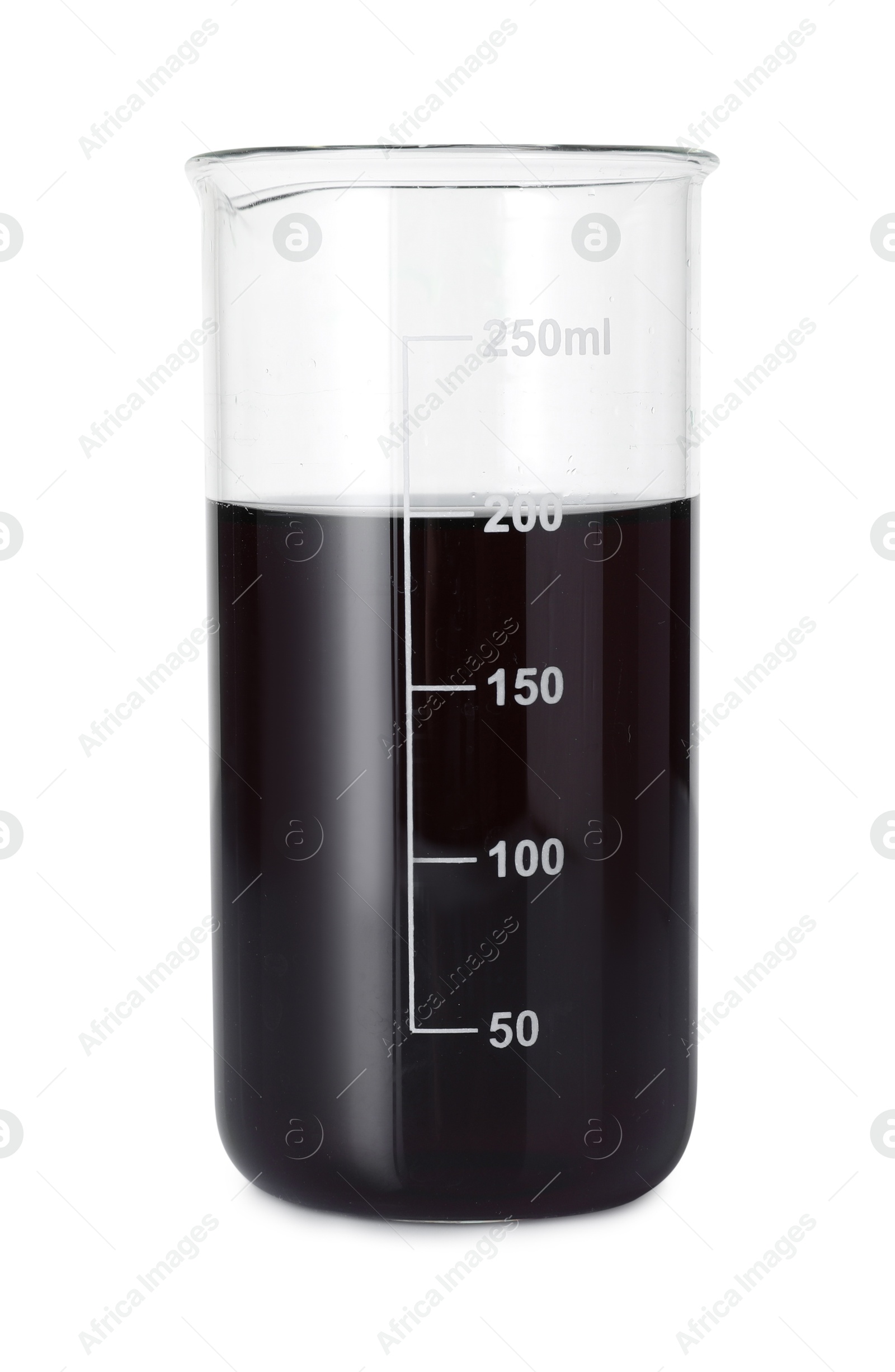 Photo of Beaker with black liquid isolated on white