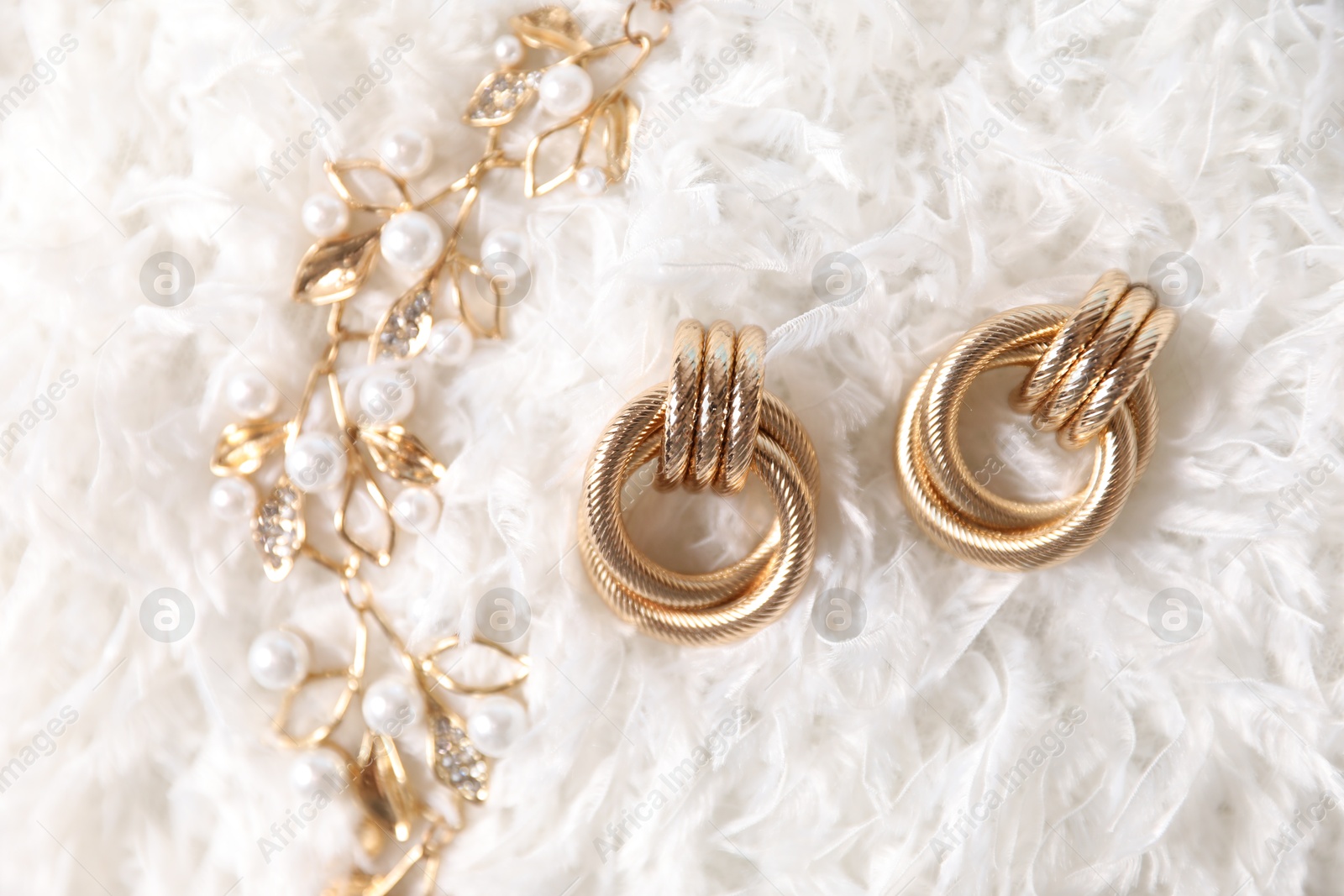 Photo of Beautiful gold jewelry on feathers, flat lay