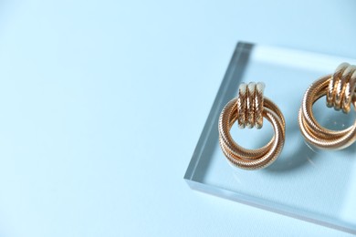 Photo of Beautiful gold earrings on light blue background, closeup. Space for text