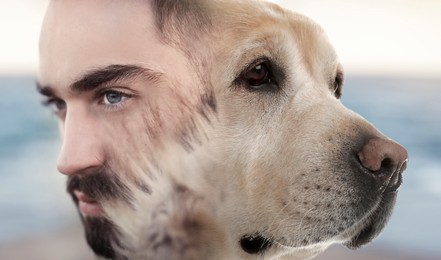 Image of Young woman and dog, double exposure. Collage on blurred background