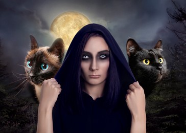 Image of Mysterious witch with spooky eyes and cats beside her outdoors at full moon night