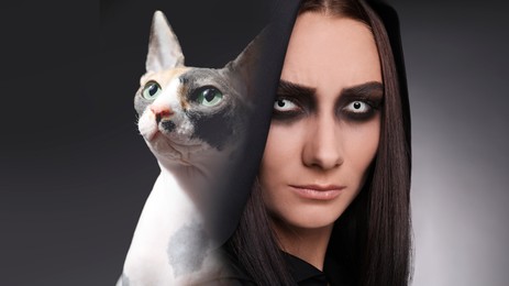 Image of Mysterious witch with spooky eyes and cat, double exposure. Collage on dark grey background