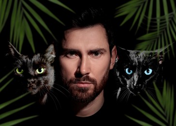 Image of Mysterious man and cats beside him. Collage on black background with green leaves