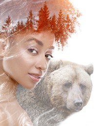 Image of Beautiful woman and bear, double exposure. Collage on white background