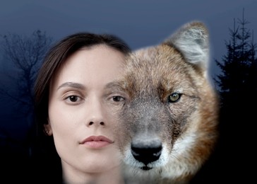 Image of Beautiful young woman and wolf, double exposure. Dark forest on background, collage