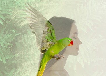 Image of Beautiful young woman and parrot, multiple exposure with tropical leaves