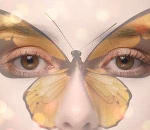 Image of Beautiful young woman and butterfly, double exposure. Collage with bokeh effect