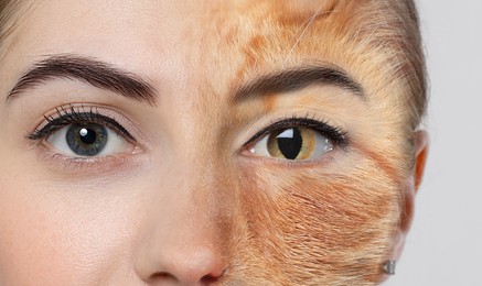 Image of Young woman with half face as cat, double exposure. Collage on white background