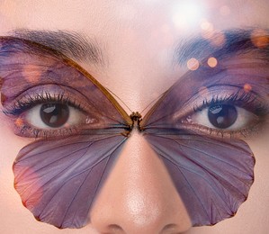 Image of Beautiful young woman and butterfly, double exposure. Collage with bokeh effect