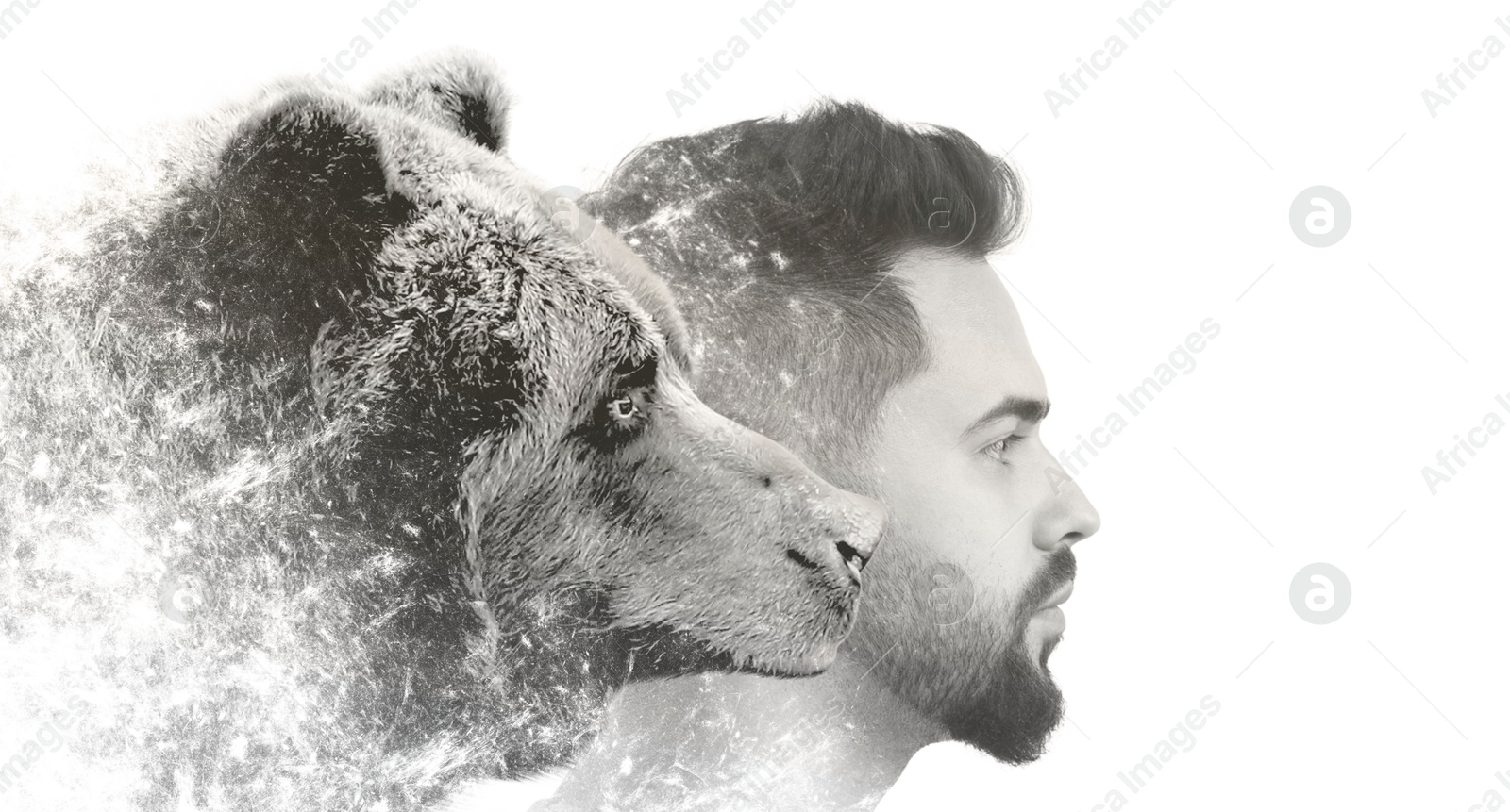 Image of Young man and bear, black and white toning. Collage on white background