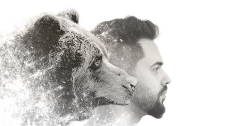 Image of Young man and bear, black and white toning. Collage on white background