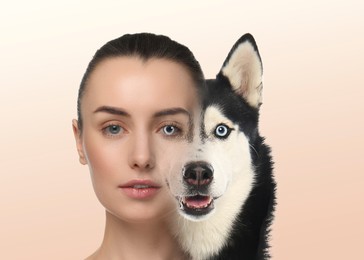 Image of Young woman and dog, double exposure. Collage on beige gradient background