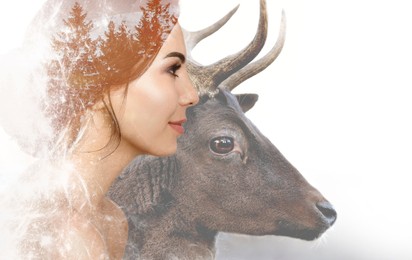 Image of Beautiful young woman and stag, multiple exposure with forest. Collage on white background
