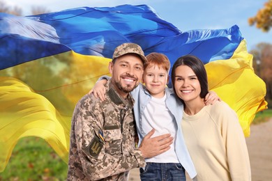 Image of Happy military man and his family outdoors. Double exposure with flag of Ukraine