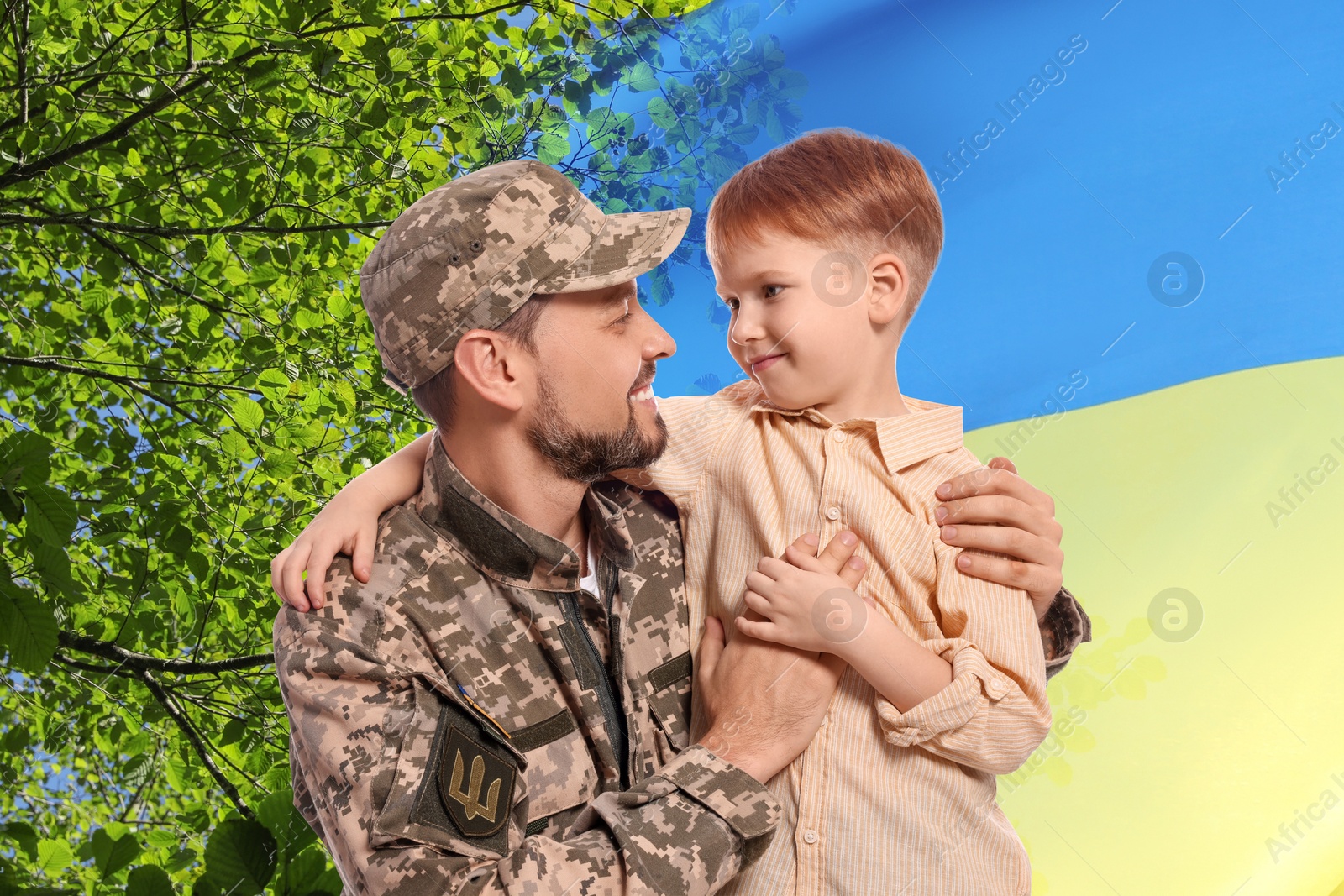 Image of Military man and his happy son outdoors. Double exposure with flag of Ukraine