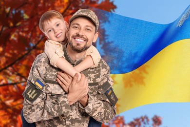 Image of Military man and his happy son outdoors. Double exposure with flag of Ukraine