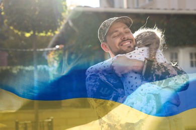 Image of Military man and his happy daughter outdoors. Double exposure with flag of Ukraine