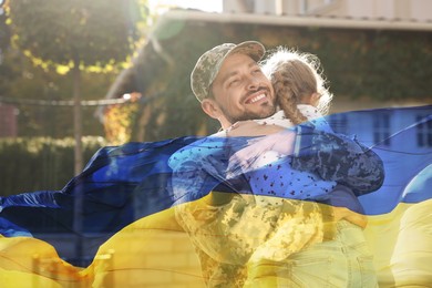 Image of Military man and his happy daughter outdoors. Double exposure with flag of Ukraine