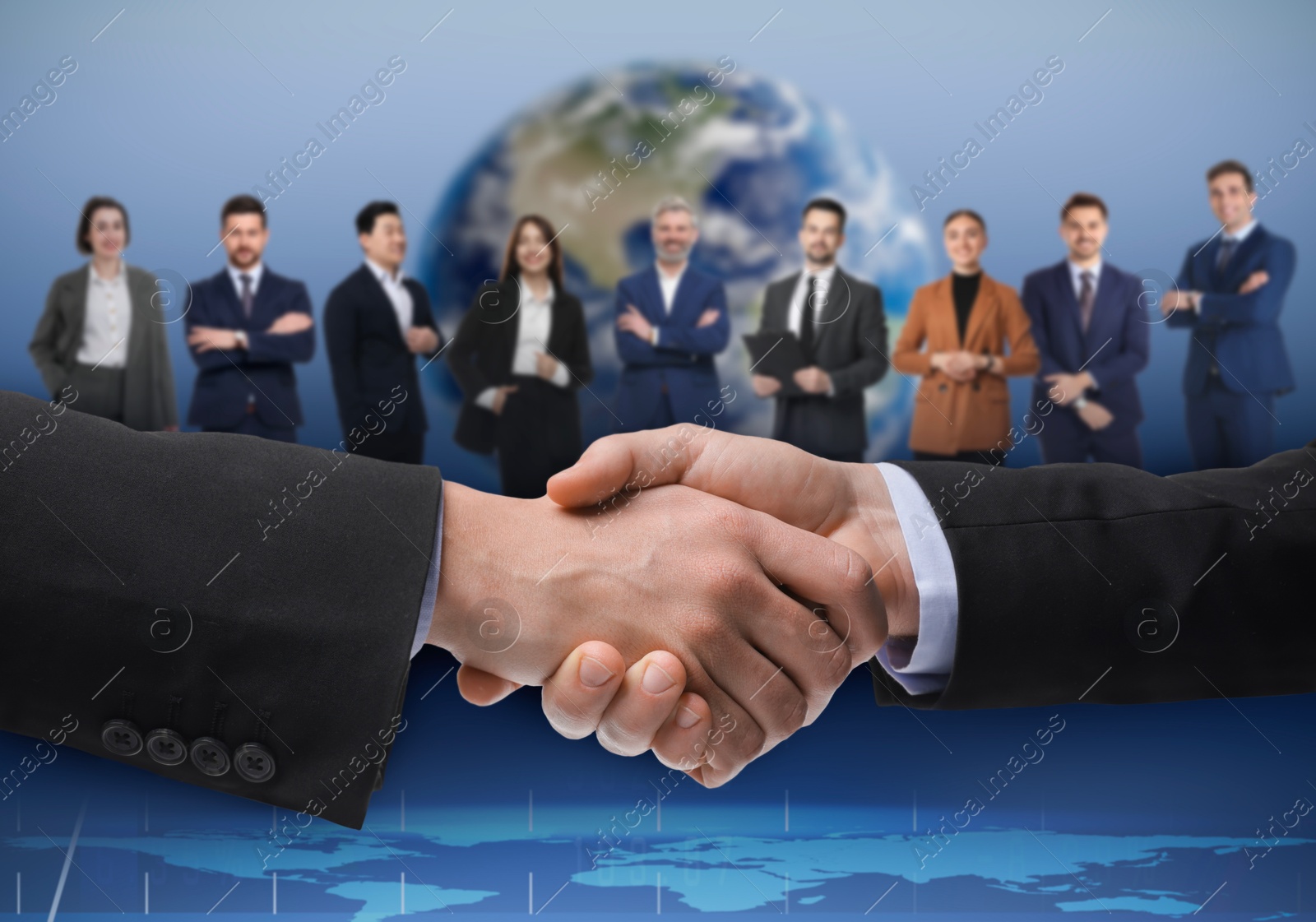 Image of Business partners shaking hands against group of people. Globe on background