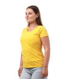Photo of Woman in yellow t-shirt on white background. Mockup for design
