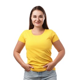 Photo of Smiling woman in yellow t-shirt on white background. Mockup for design