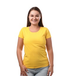Photo of Smiling woman in yellow t-shirt on white background. Mockup for design