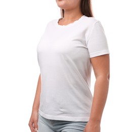 Photo of Woman in stylish t-shirt on white background, closeup. Mockup for design