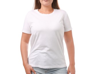 Photo of Woman in stylish t-shirt on white background, closeup. Mockup for design