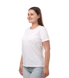 Photo of Smiling woman in stylish t-shirt on white background. Mockup for design