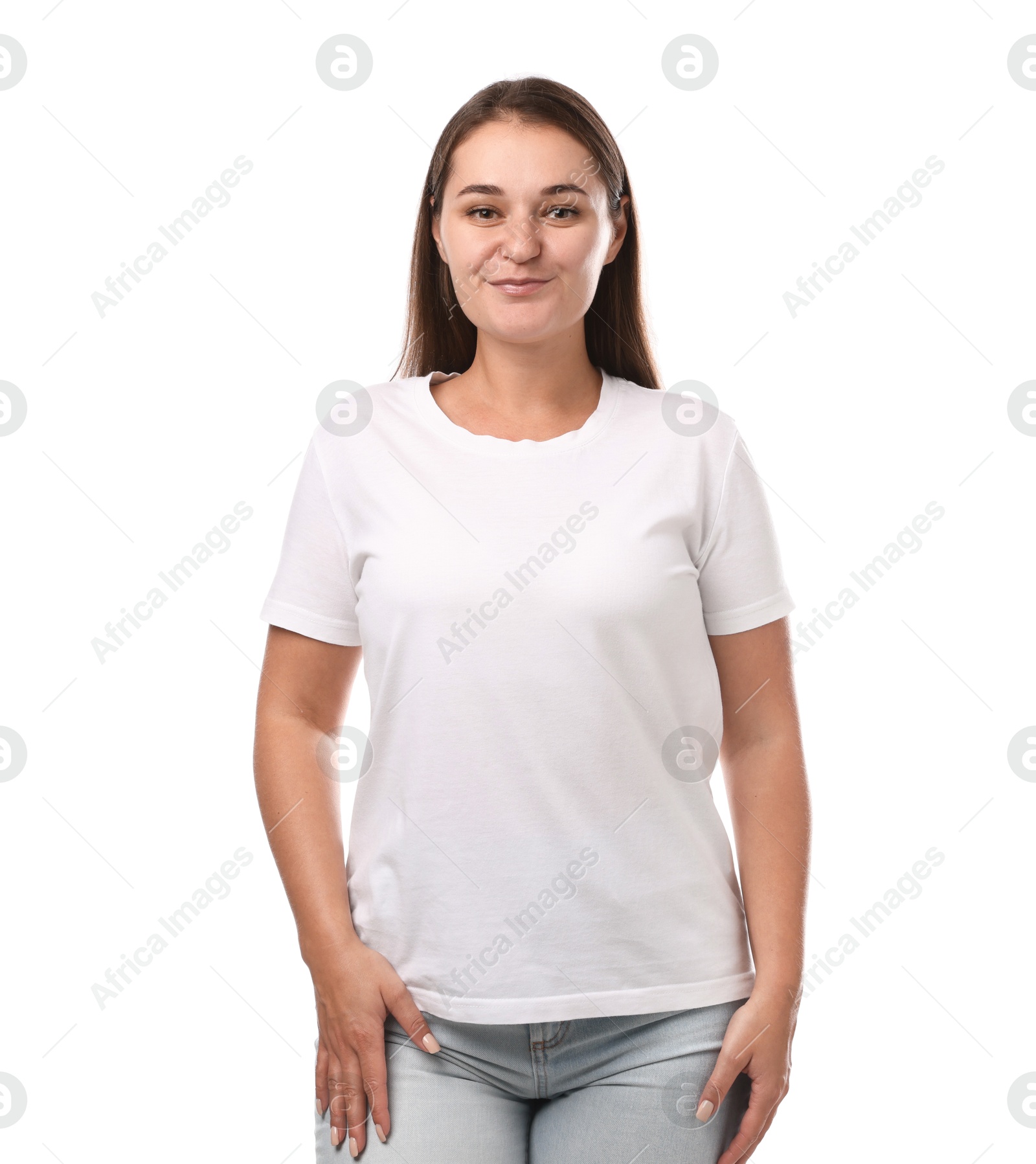 Photo of Woman in stylish t-shirt on white background. Mockup for design