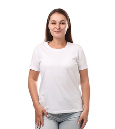 Photo of Woman in stylish t-shirt on white background. Mockup for design