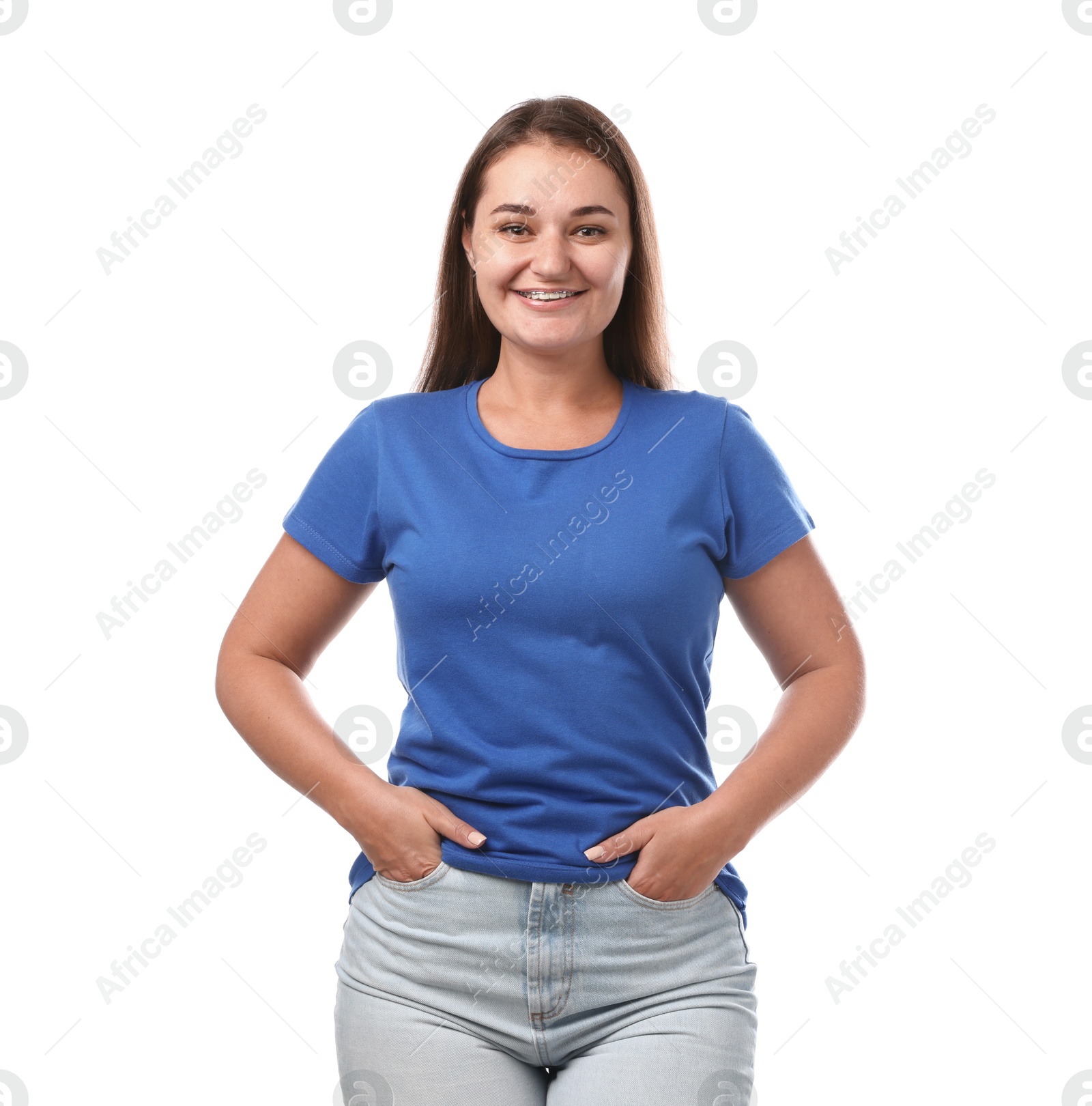 Photo of Smiling woman in blue t-shirt on white background. Mockup for design