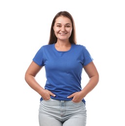 Photo of Smiling woman in blue t-shirt on white background. Mockup for design