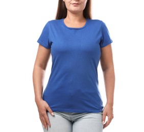 Photo of Woman in blue t-shirt on white background, closeup. Mockup for design